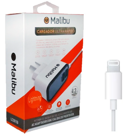           XXII CARGADOR CELULAR CON CABLE IPHONE5 4.2AMP 2 USB MALIBU ULTR
